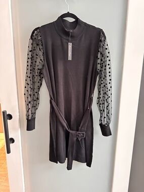 Black Knit Long-Sleeve Dress with Sheer Polka Dot Sleeves